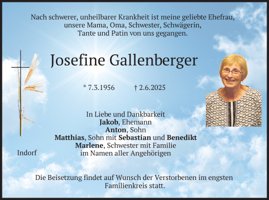 Todesanzeige von Josefine Gallenberger von merkurtz