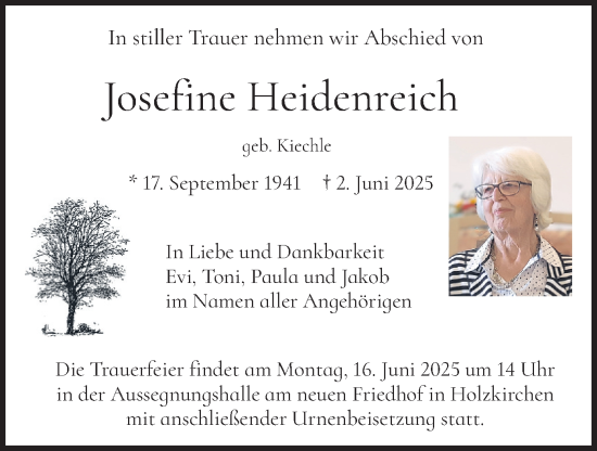 Todesanzeige von Josefine Heidenreich von merkurtz