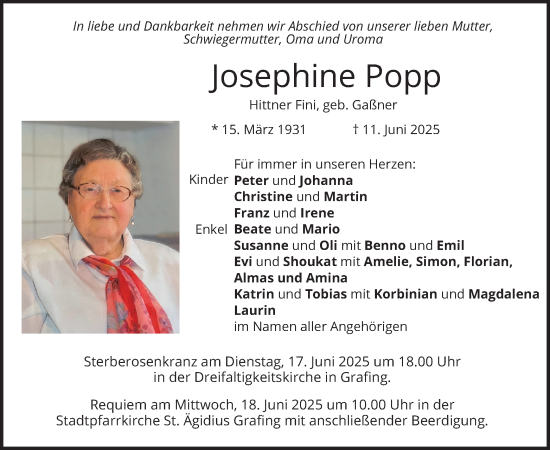 Todesanzeige von Josephine Popp von merkurtz