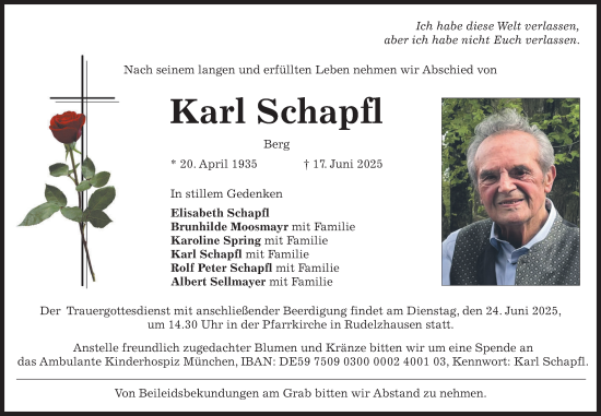 Todesanzeige von Karl Schapfl von merkurtz
