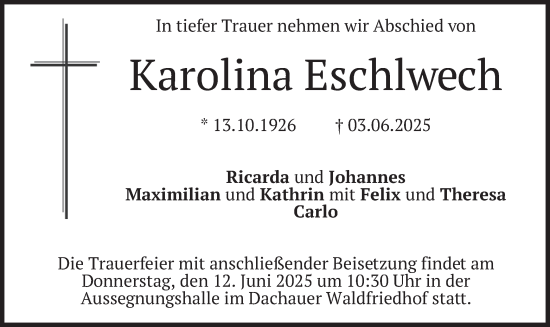 Todesanzeige von Karolina Eschlwech von merkurtz