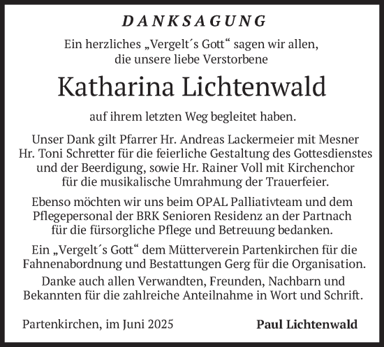 Todesanzeige von Katharina Lichtenwald von merkurtz