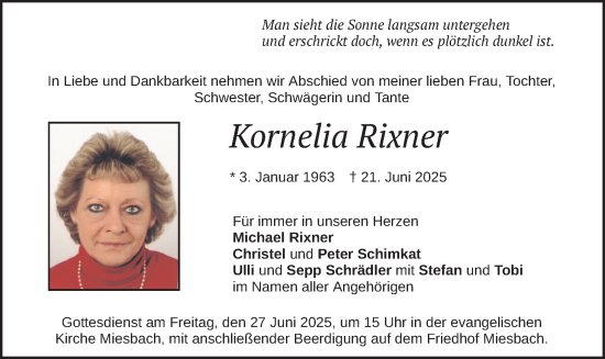 Todesanzeige von Kornelia Rixner von merkurtz