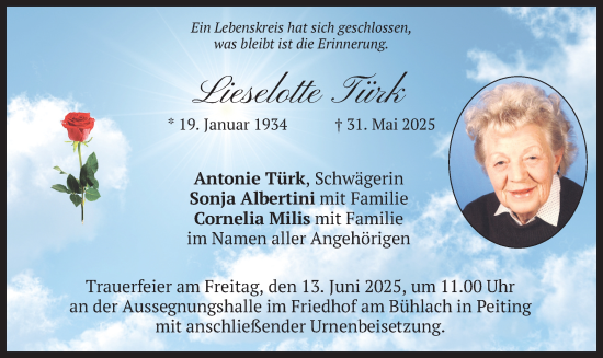 Todesanzeige von Lieselotte Türk von merkurtz