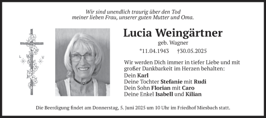 Todesanzeige von Lucia Weingärtner von merkurtz