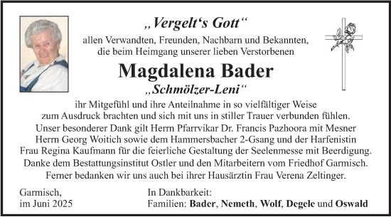 Todesanzeige von Magdalena Bader von merkurtz