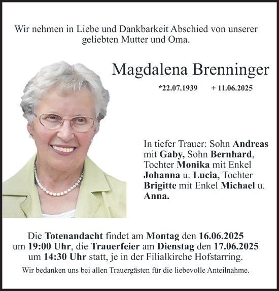 Todesanzeige von Magdalena Brenninger von merkurtz