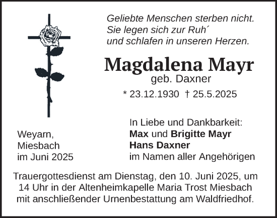 Todesanzeige von Magdalena Mayr von merkurtz