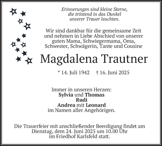 Todesanzeige von Magdalena Trautner von merkurtz