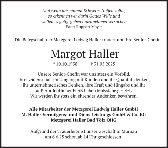 Todesanzeige von Margot Haller von merkurtz
