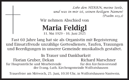 Todesanzeige von Maria Feldigl von merkurtz