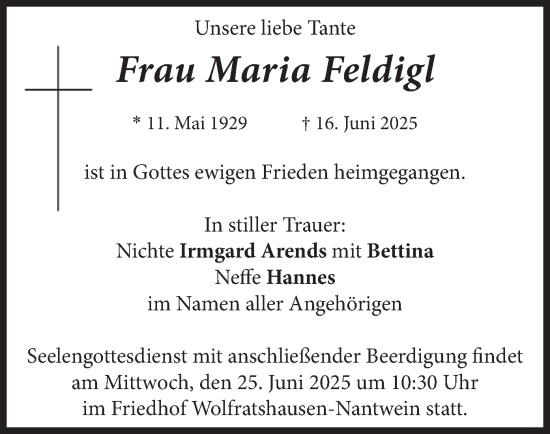 Todesanzeige von Maria Feldigl von merkurtz