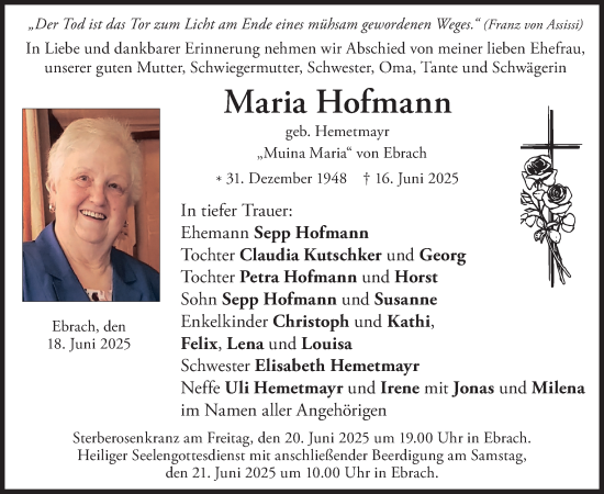 Todesanzeige von Maria Hofmann von merkurtz
