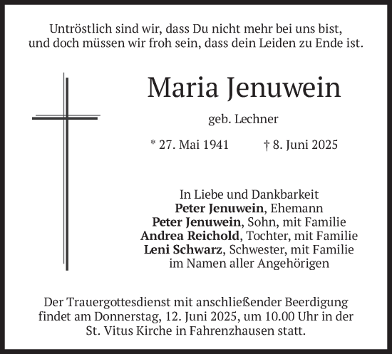 Todesanzeige von Maria Jenuwein von merkurtz