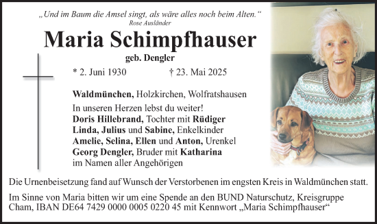 Todesanzeige von Maria Schimpfhauser von merkurtz
