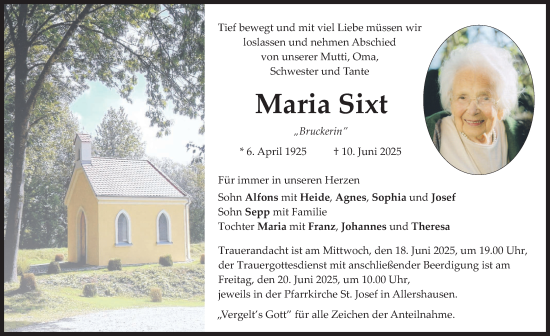 Todesanzeige von Maria Sixt von merkurtz