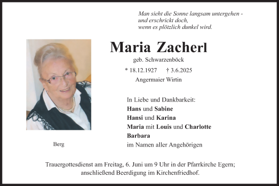 Todesanzeige von Maria Zacherl von merkurtz