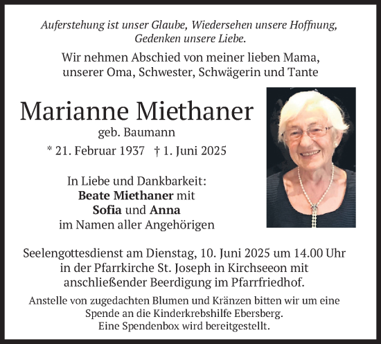 Todesanzeige von Marianne Miethaner von merkurtz
