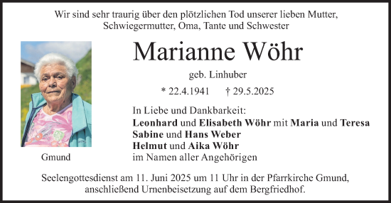 Todesanzeige von Marianne Wöhr von merkurtz