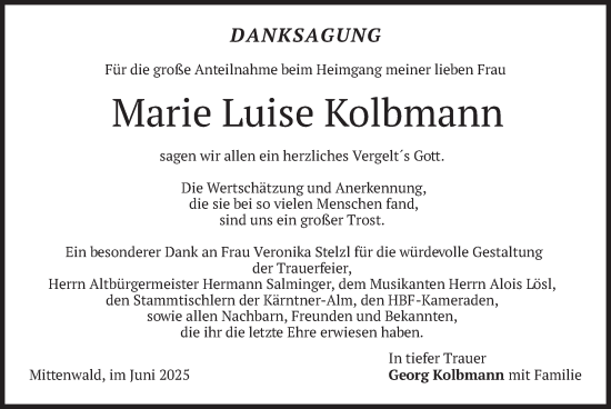 Todesanzeige von Marie Luise Kolbmann von merkurtz
