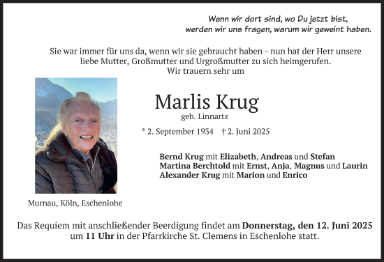 Todesanzeige von Marlis Krug von merkurtz