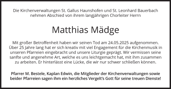Todesanzeige von Matthias Mädge von merkurtz