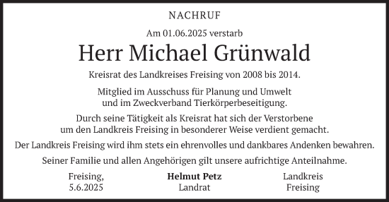 Todesanzeige von Michael Grünwald von merkurtz