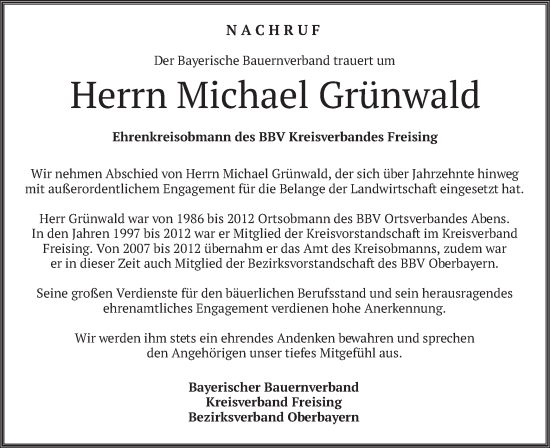 Todesanzeige von Michael Grünwald von merkurtz