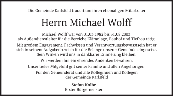 Todesanzeige von Michael Wolff von merkurtz