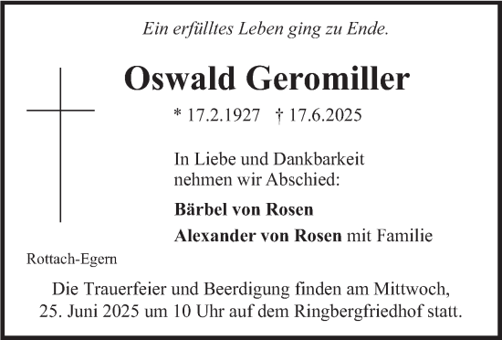Todesanzeige von Oswald Geromiller von merkurtz