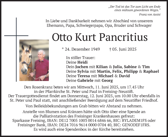 Todesanzeige von Otto Kurt Pancritius von merkurtz
