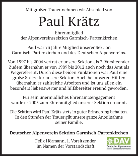 Todesanzeige von Paul Krätz von merkurtz