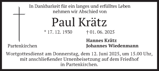 Todesanzeige von Paul Krätz von merkurtz
