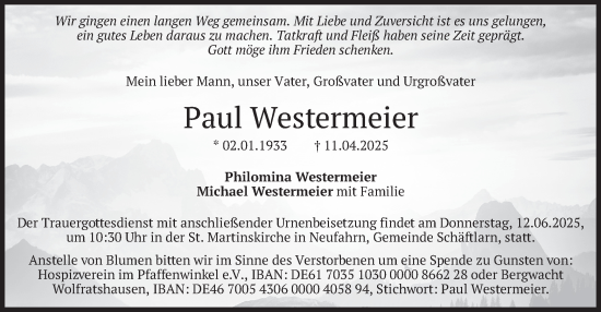 Todesanzeige von Paul Westermeier von merkurtz