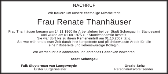 Todesanzeige von Renate Thanhäuser von merkurtz