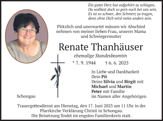 Todesanzeige von Renate Thanhäuser von merkurtz
