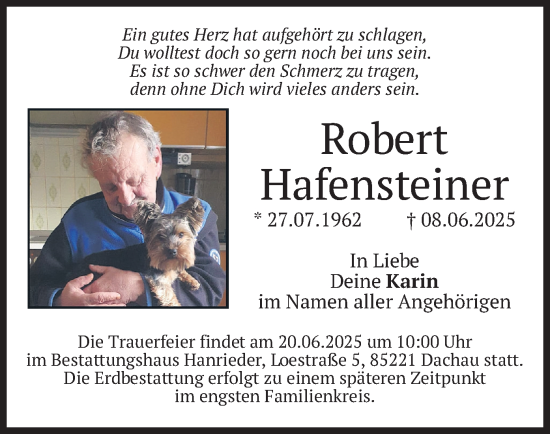 Todesanzeige von Robert Hafensteiner von merkurtz