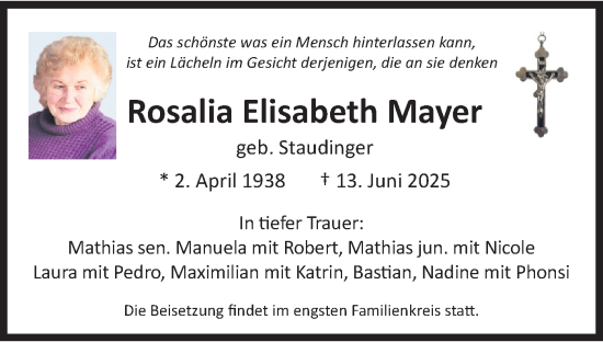 Todesanzeige von Rosalia Elisabeth Mayer von merkurtz