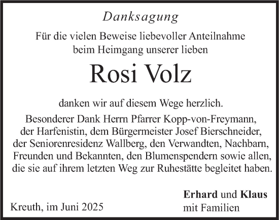 Todesanzeige von Rosi Volz von merkurtz