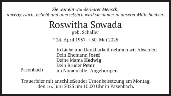 Todesanzeige von Roswitha Sowada von merkurtz