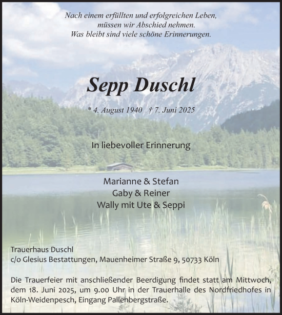 Todesanzeige von Sepp Duschl von merkurtz