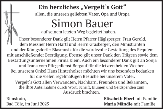 Todesanzeige von Simon Bauer von merkurtz
