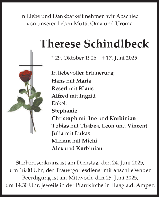 Todesanzeige von Therese Schindlbeck von merkurtz