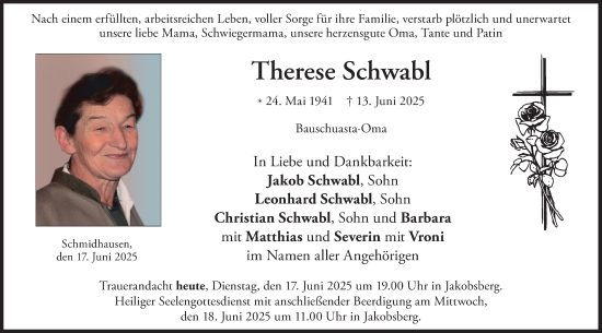 Todesanzeige von Therese Schwabl von merkurtz