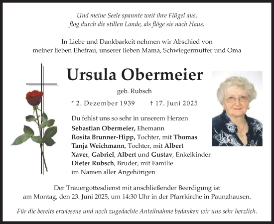Todesanzeige von Ursula Obermeier von merkurtz