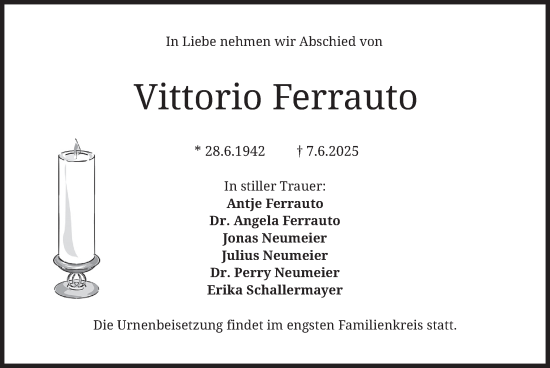 Todesanzeige von Vittorio Ferrauto von merkurtz
