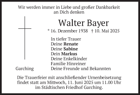 Todesanzeige von Walter Bayer von merkurtz