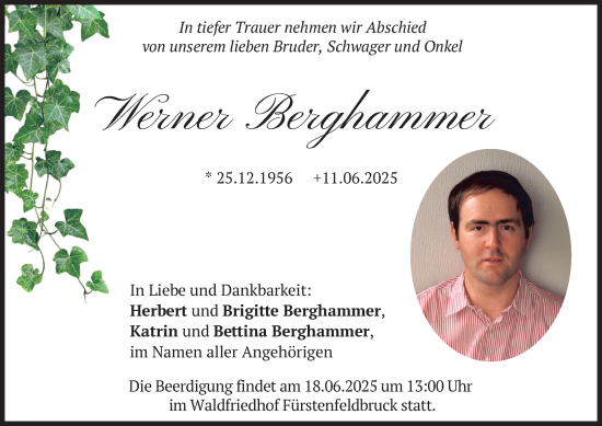 Todesanzeige von Werner Berghammer von merkurtz