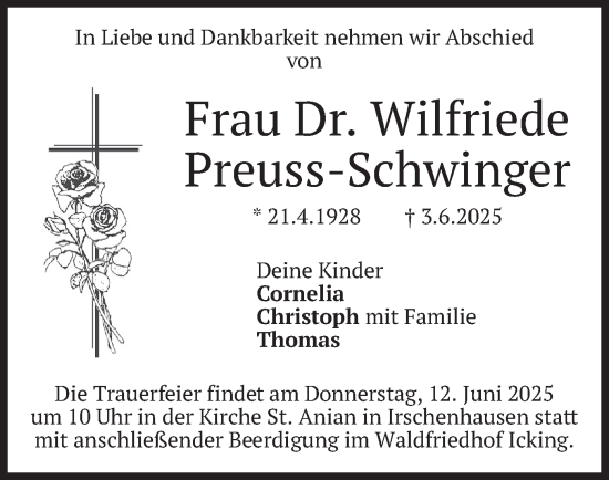 Todesanzeige von Wilfriede Preuss-Schwinger von merkurtz