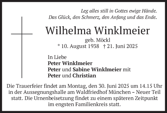 Todesanzeige von Wilhelma Winklmeier von merkurtz